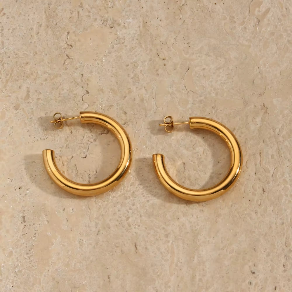 Hypoallergenic Tarnish Free Stainless Steel Hollow Tube Large Medium Small Size Gold Plated Hoop Earrings for Women