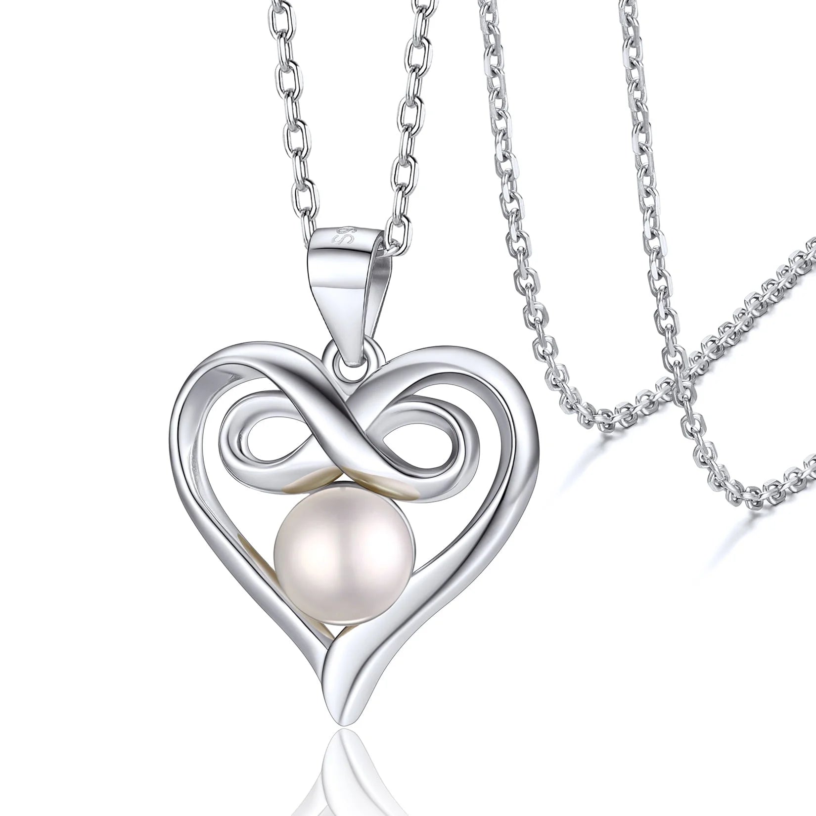 Heart Infinity Necklace Charm Pendant Necklace with Single Freshwater Cultured Pearl Sterling Silver Jewelry Birthday Gift for Her