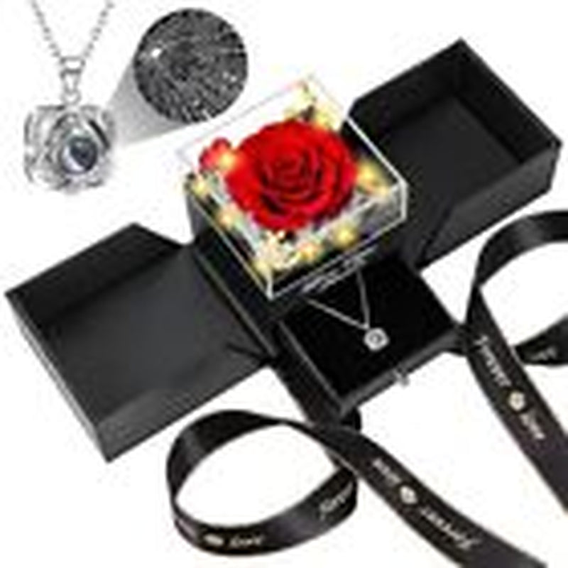 Preserved Real Rose with Heart I Love You Necklace -Eternal Flowers Rose Red