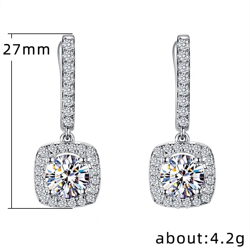 Classical Designer 18K White Gold Plated Square Shape Cubic Zirconia Clip on Earrings for Women Sapphire Crystal Diamond Drop Earrings Dangle Earring Anti-Allergy