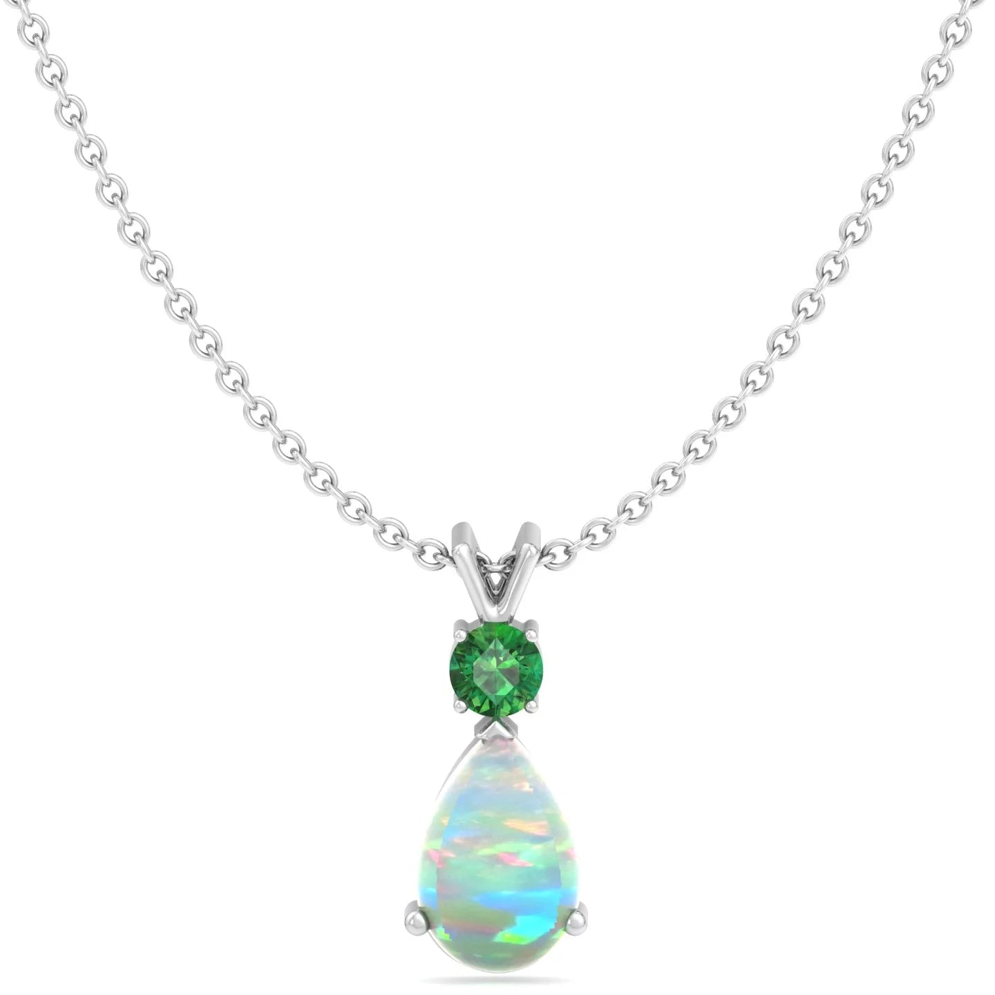 Jewelry Set for Women, Natural Pear Shaped 7X5Mm Opal and 3Mm Created Emerald Pendant Necklace and Matching Pear Shaped Opal and Emerald Stud Earrings