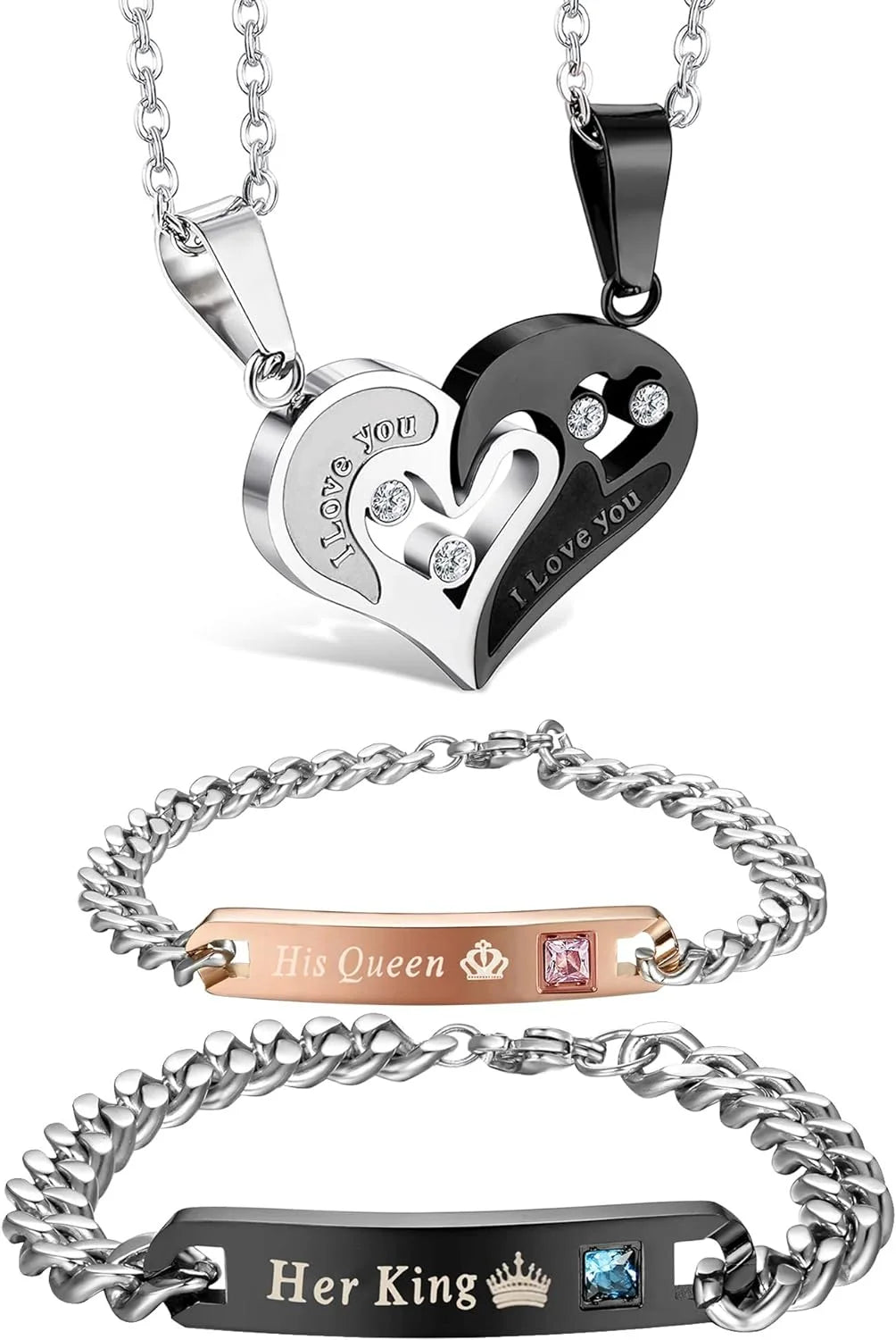 4-Piece Couple Necklace & Bracelets Jewelry Set, Stainless Steel, Heart Pendant