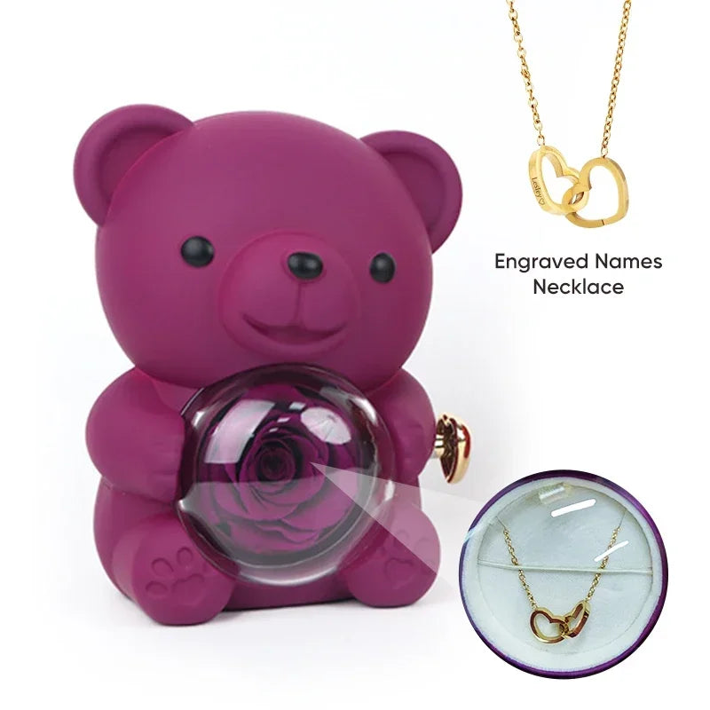 Engraved Heart Necklace with Eternal Rose Teddy Bear Rose Shaped Necklace Jewellery Gift Box Romantic Acrylic Flower Ring Locket