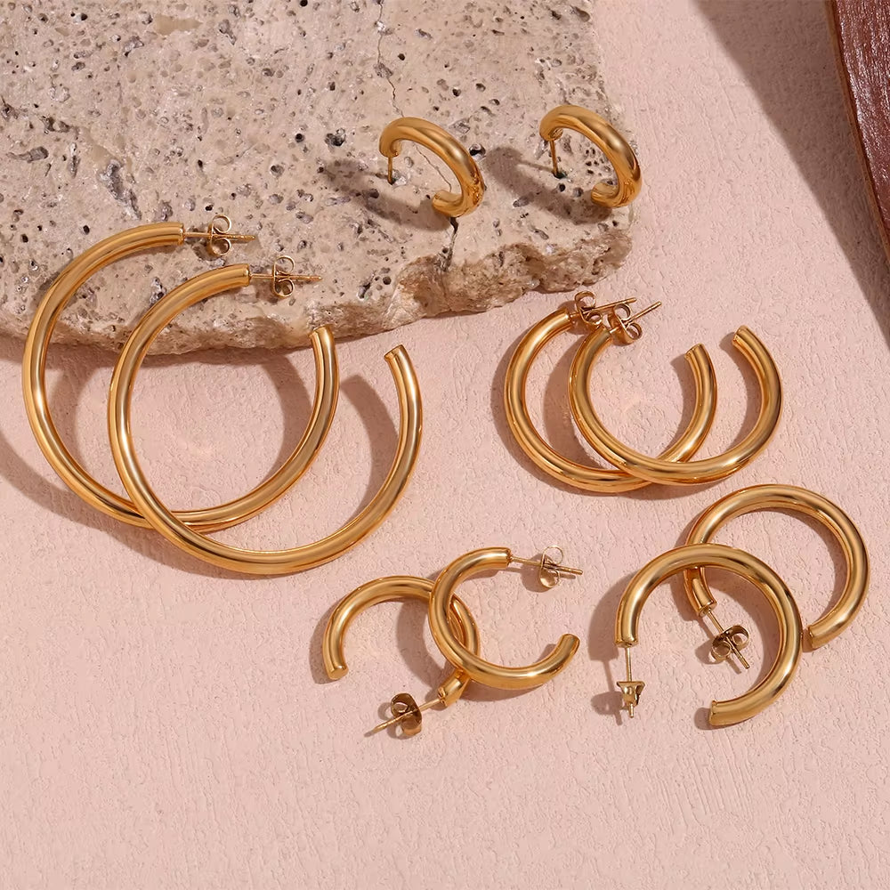 Hypoallergenic Tarnish Free Stainless Steel Hollow Tube Large Medium Small Size Gold Plated Hoop Earrings for Women