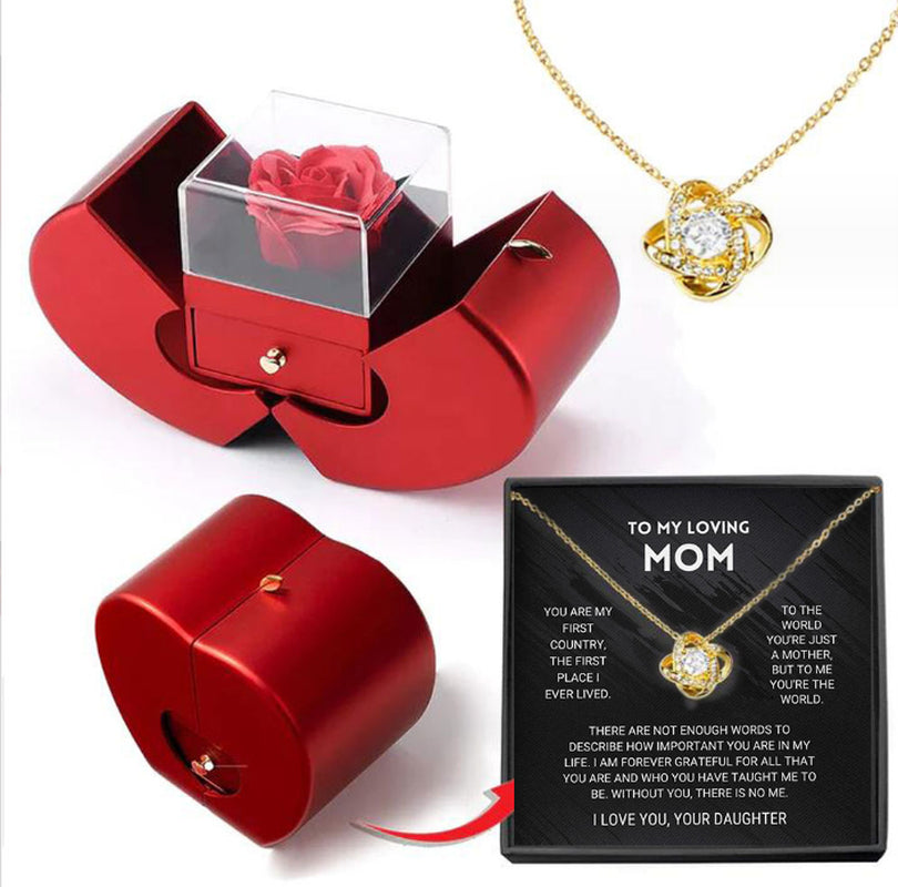 Fashion Jewelry Box Red Apple Christmas Gift Necklace Eternal Rose for Girl Mother'S Day Valentine'S Day Gifts with Artificial Flower Rose Flower Jewelry Box