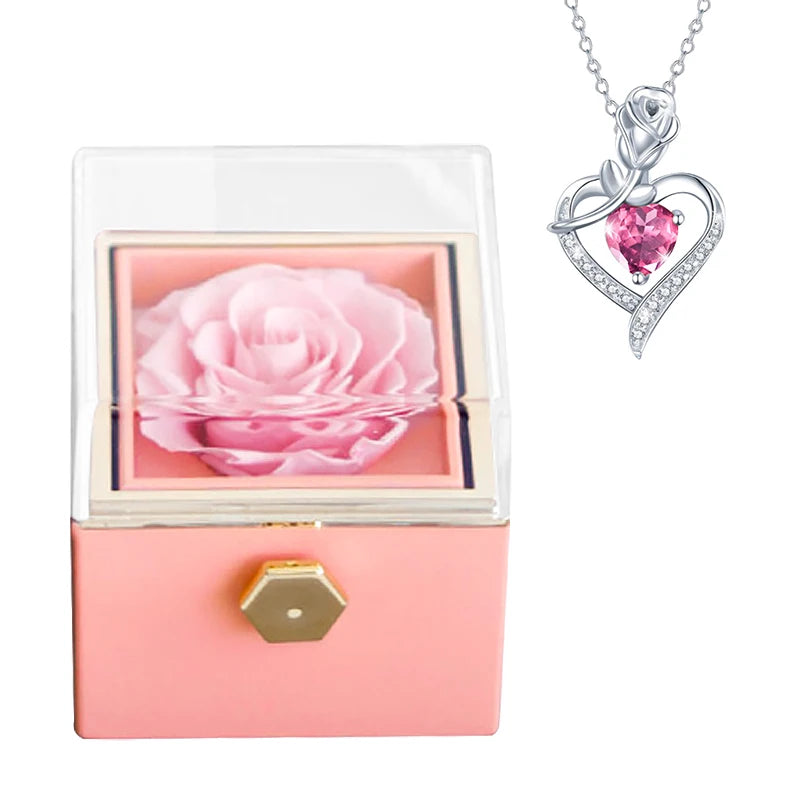 Gifts for Girlfriend Rotating Eternal Rose Gift Box Necklace Set Preserved Flower Jewelry Box for Valentine Christmas Birthday