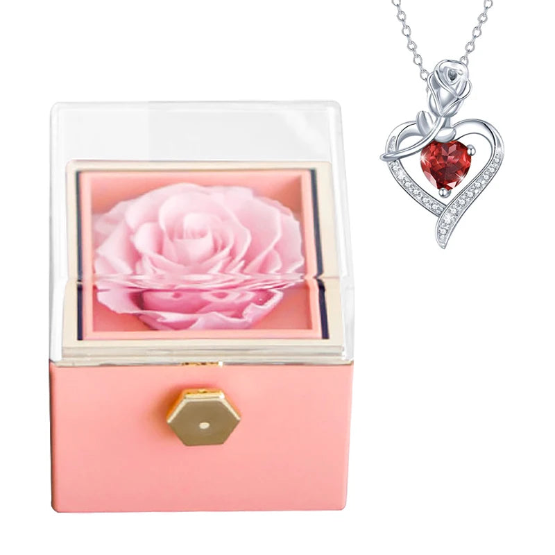 Gifts for Girlfriend Rotating Eternal Rose Gift Box Necklace Set Preserved Flower Jewelry Box for Valentine Christmas Birthday