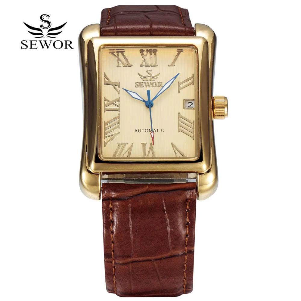 SEWOR Luxury Men Watches Fashion Rectangle Watches Men Gold Automatic Mechanical Watches Men Man Watches Relogio Masculino