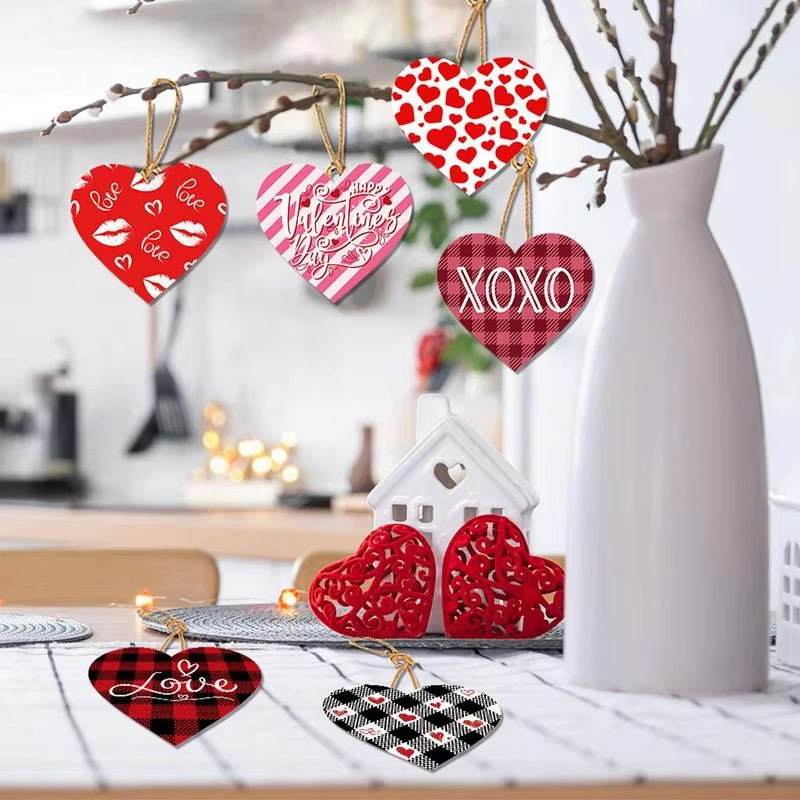 Valentines Heart Hangable Pendant 12X Heart Shaped Signs with Rope Hangable Pendants Decorative Ornaments for Home Wall