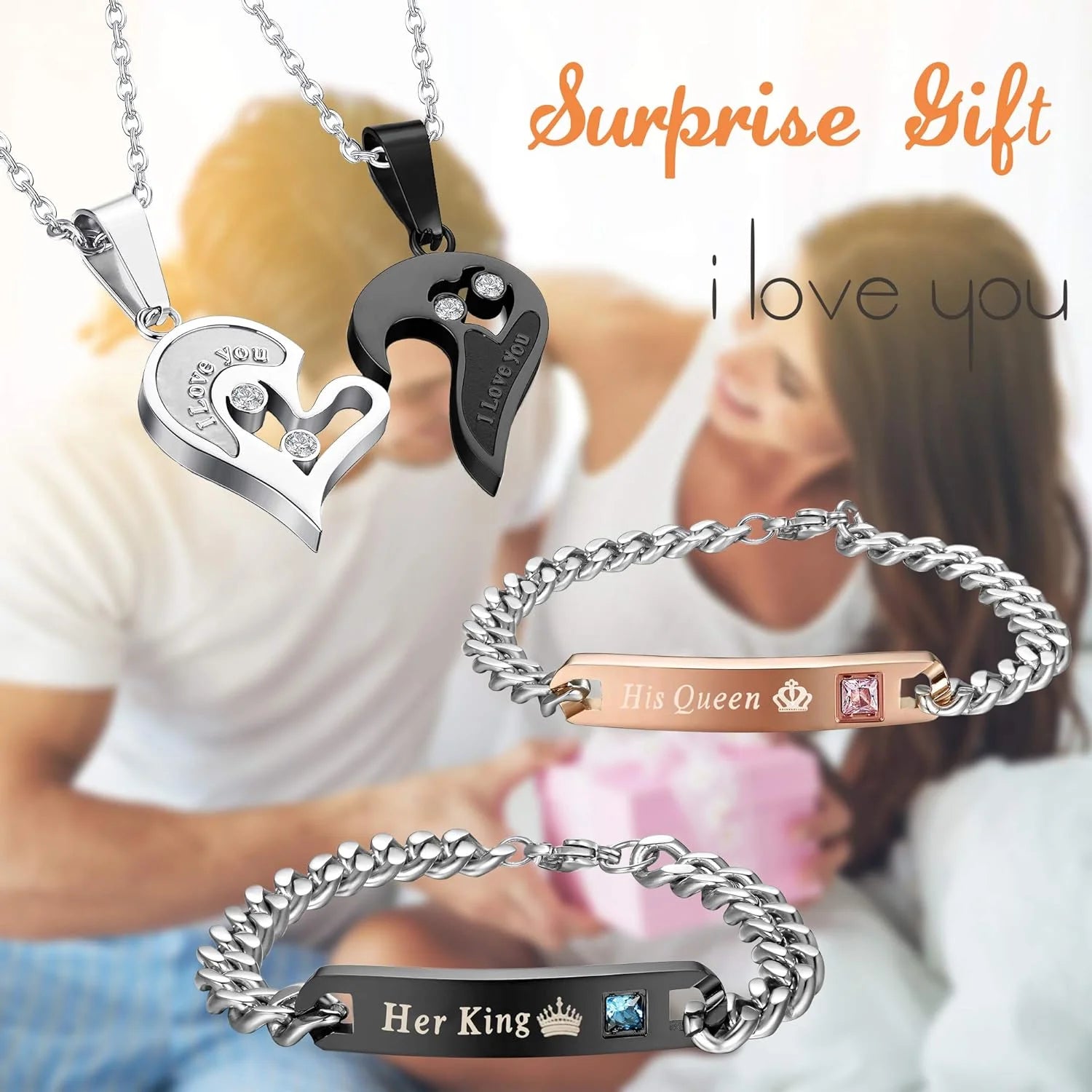 4-Piece Couple Necklace & Bracelets Jewelry Set, Stainless Steel, Heart Pendant